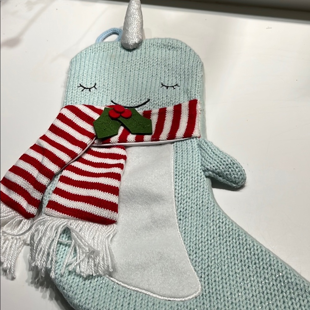 Cute Narwhal Whale Christmas knit Stocking, Teal, sparkle glitter, silver horn.